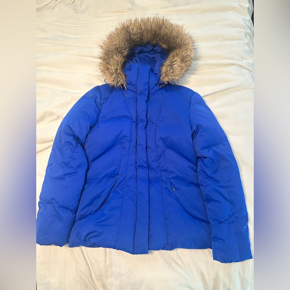 Calvin Klein Royal Blue Puffer Jacket with Faux Fur Hood